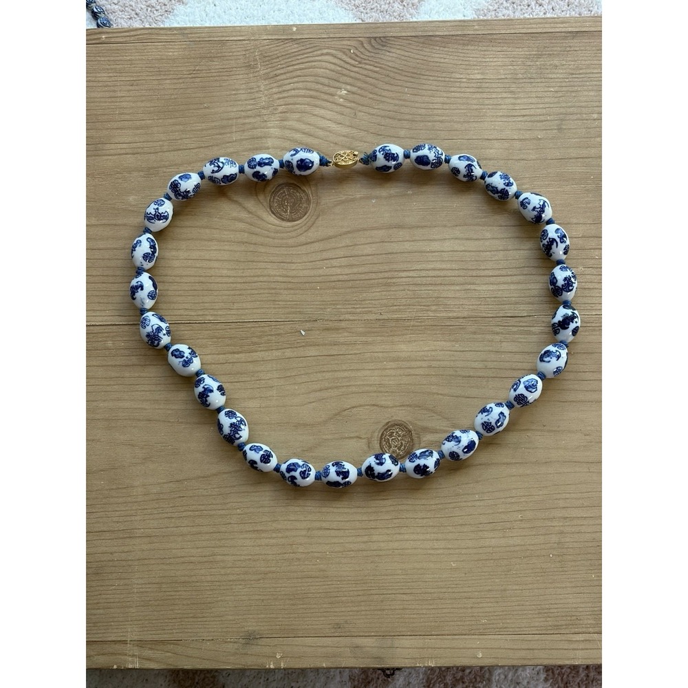 Vtg Chinese Porcelain Cobalt Blue & White Big Olive Bead Necklace 24"